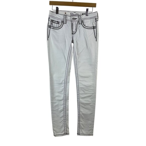 MISS ME Womens 26 Skinny Jeans White Black Saddle Cross Stitch Embellished Y2K - Picture 2 of 9